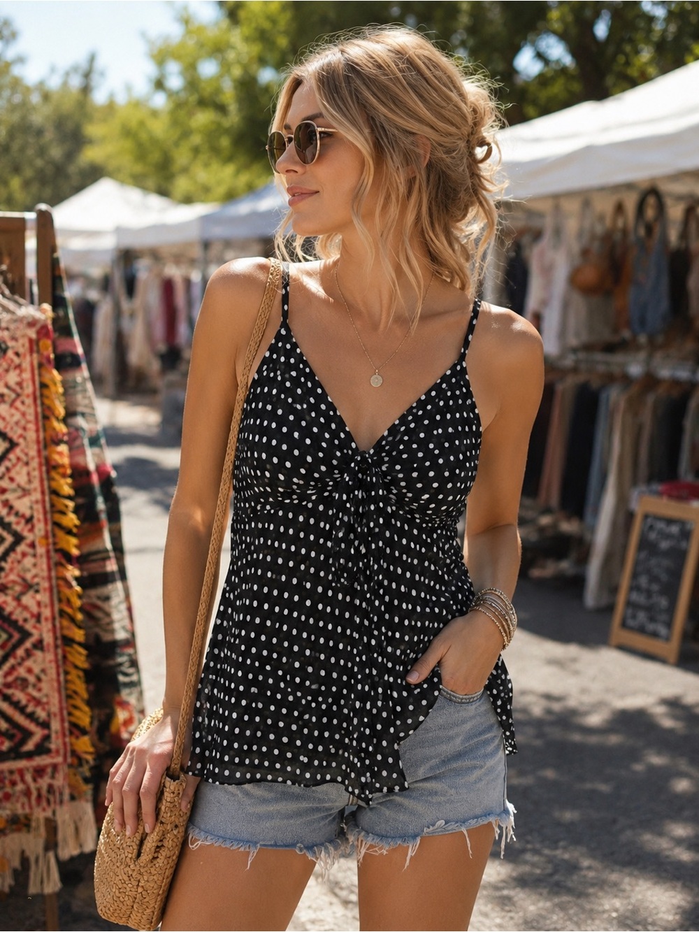 I.N. San Francisco Polyester Sheer Open Front Black/White Polka Dot Tank Size M